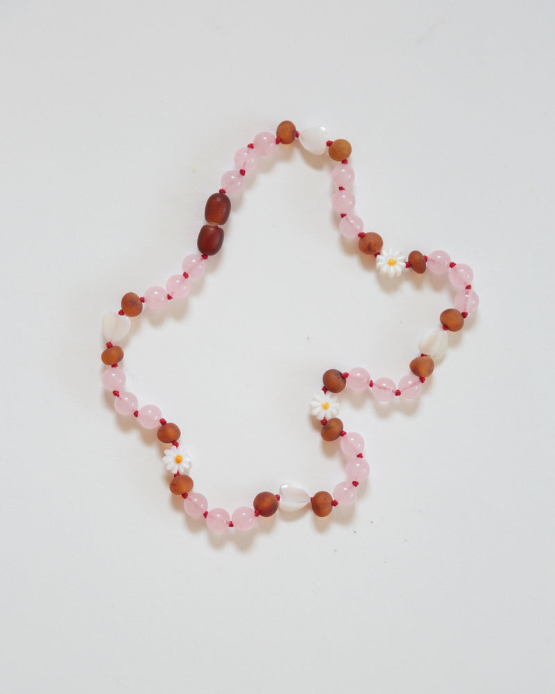 FLOWERS HEARTS SHELL ROSE QUARTZ + AMBER