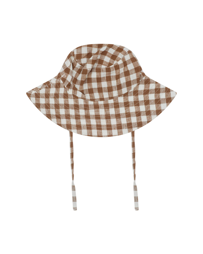 BABY SUN HAT WITH TIES - CHOCOLATE GINGHAM