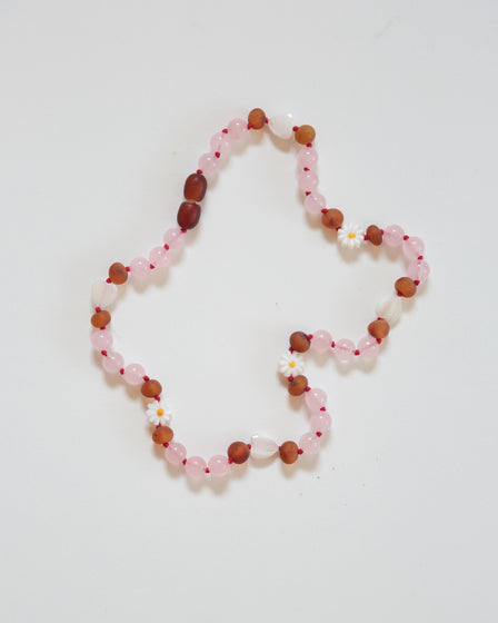 FLOWERS HEARTS SHELL ROSE QUARTZ + AMBER