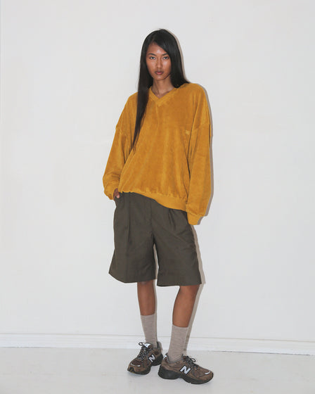 V NECK TERRY PULLOVER <BR> MARIGOLD