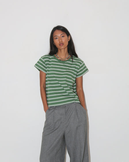 WOMENS MINI TEE <BR> GREEN STRIPE