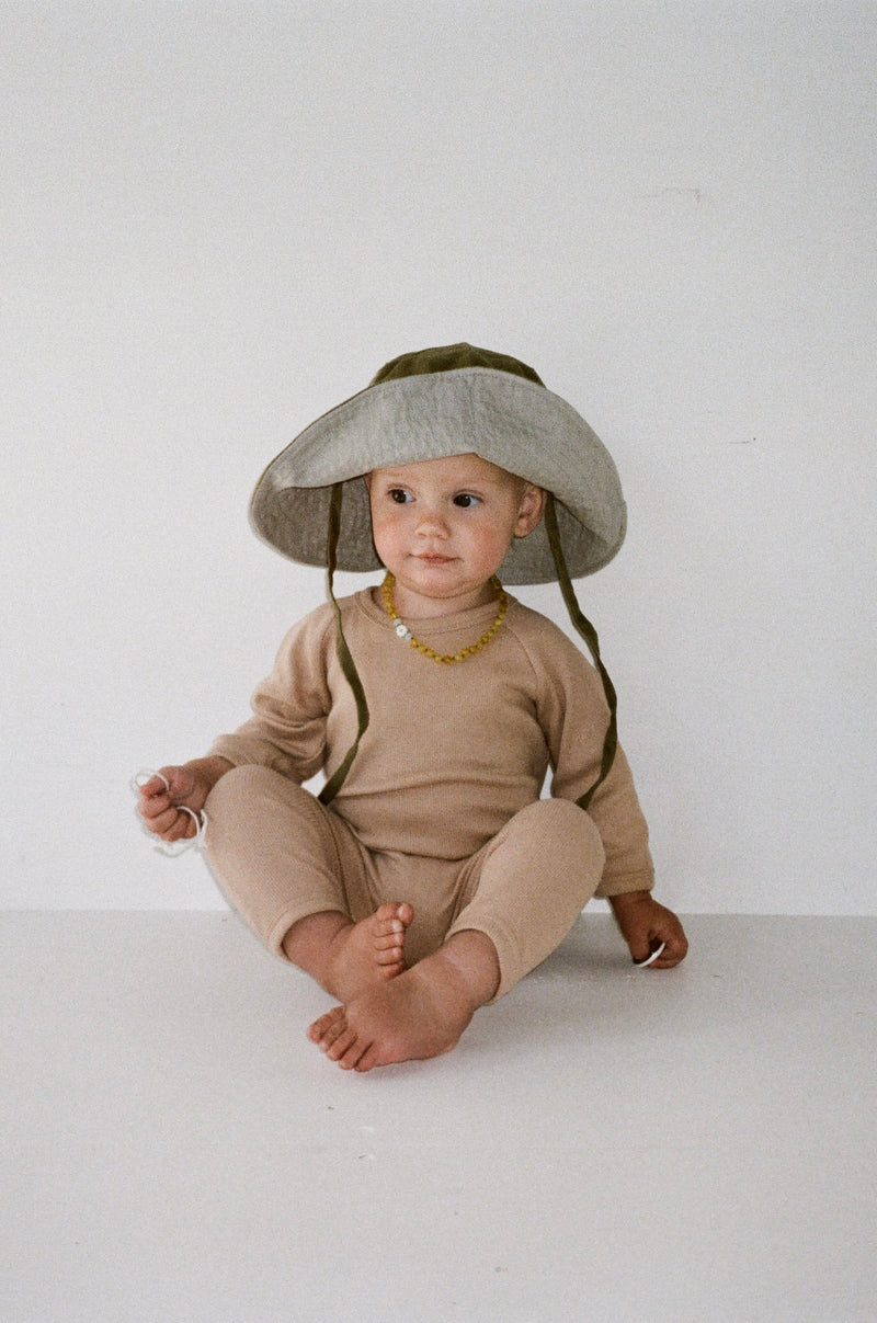 BABY SUN HAT WITH TIES OLIVE SUMMER and STORM