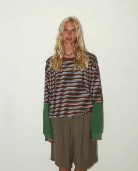WOMENS  90'S LS TEE <BR> COCO STRIPE GREEN SLEEVES