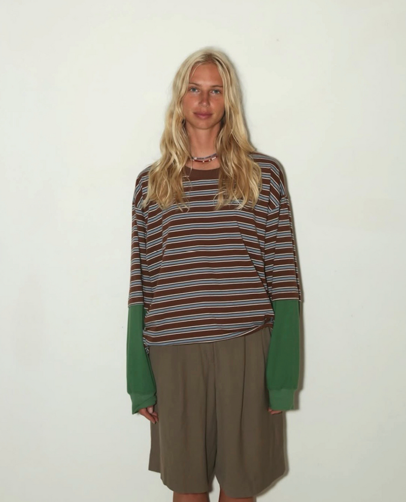 WOMENS  90'S LS TEE <BR> COCO STRIPE GREEN SLEEVES