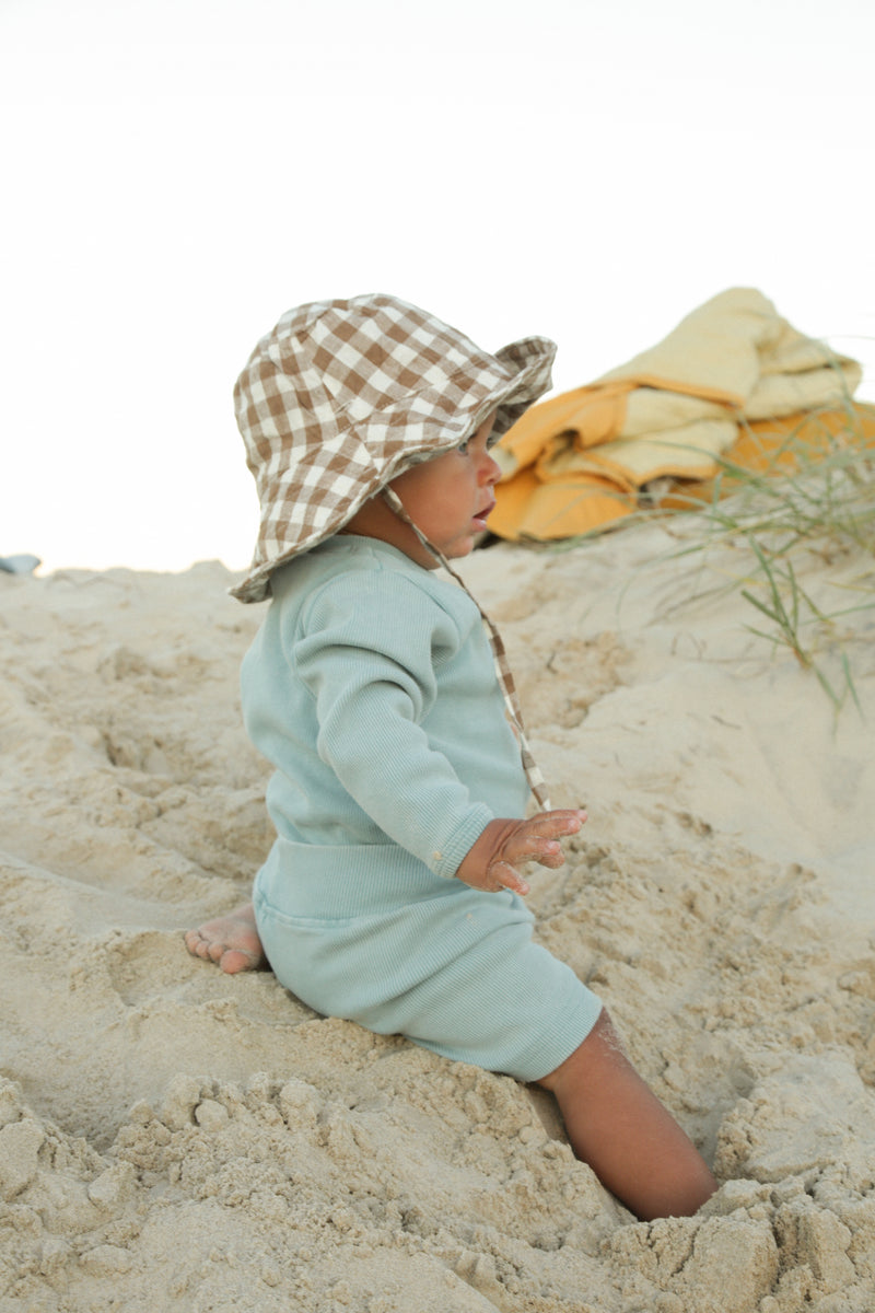 BABY SUN HAT WITH TIES - CHOCOLATE GINGHAM