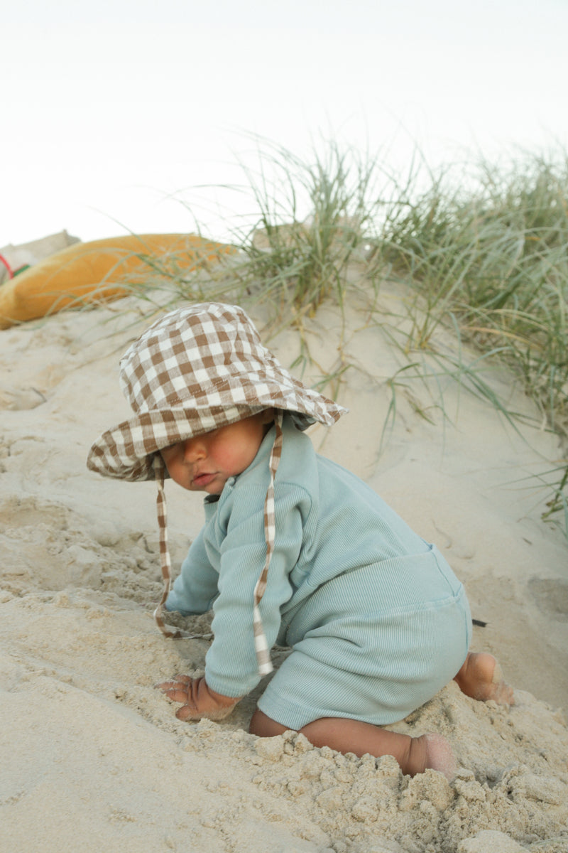 BABY SUN HAT WITH TIES - CHOCOLATE GINGHAM