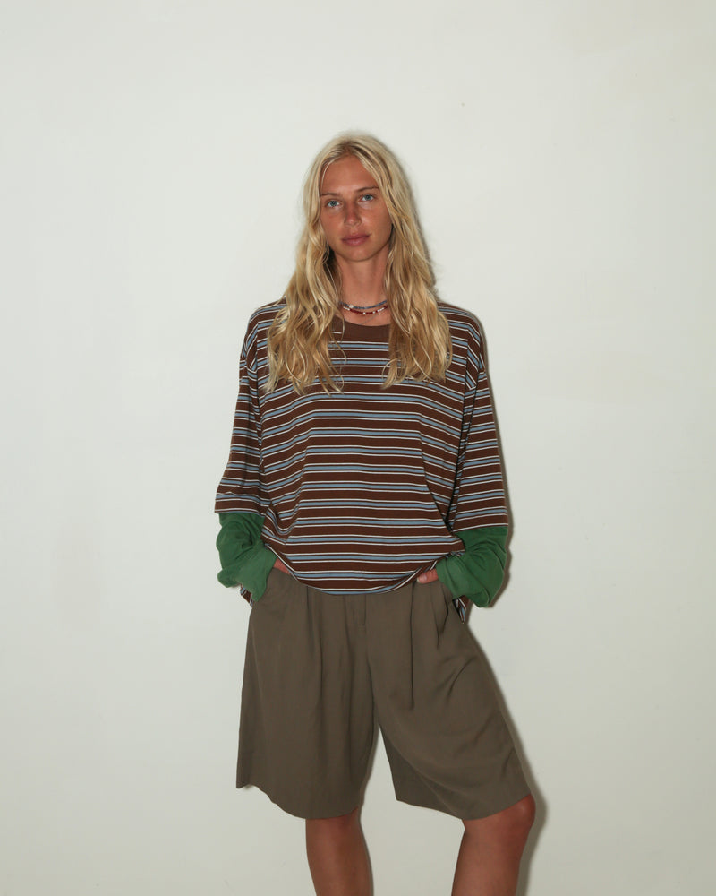 WOMENS  90'S LS TEE <BR> COCO STRIPE GREEN SLEEVES