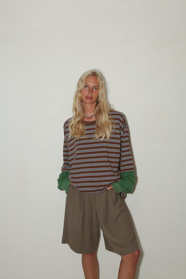 WOMENS  90'S LS TEE <BR> COCO STRIPE GREEN SLEEVES