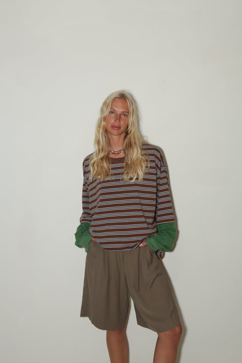WOMENS  90'S LS TEE <BR> COCO STRIPE GREEN SLEEVES